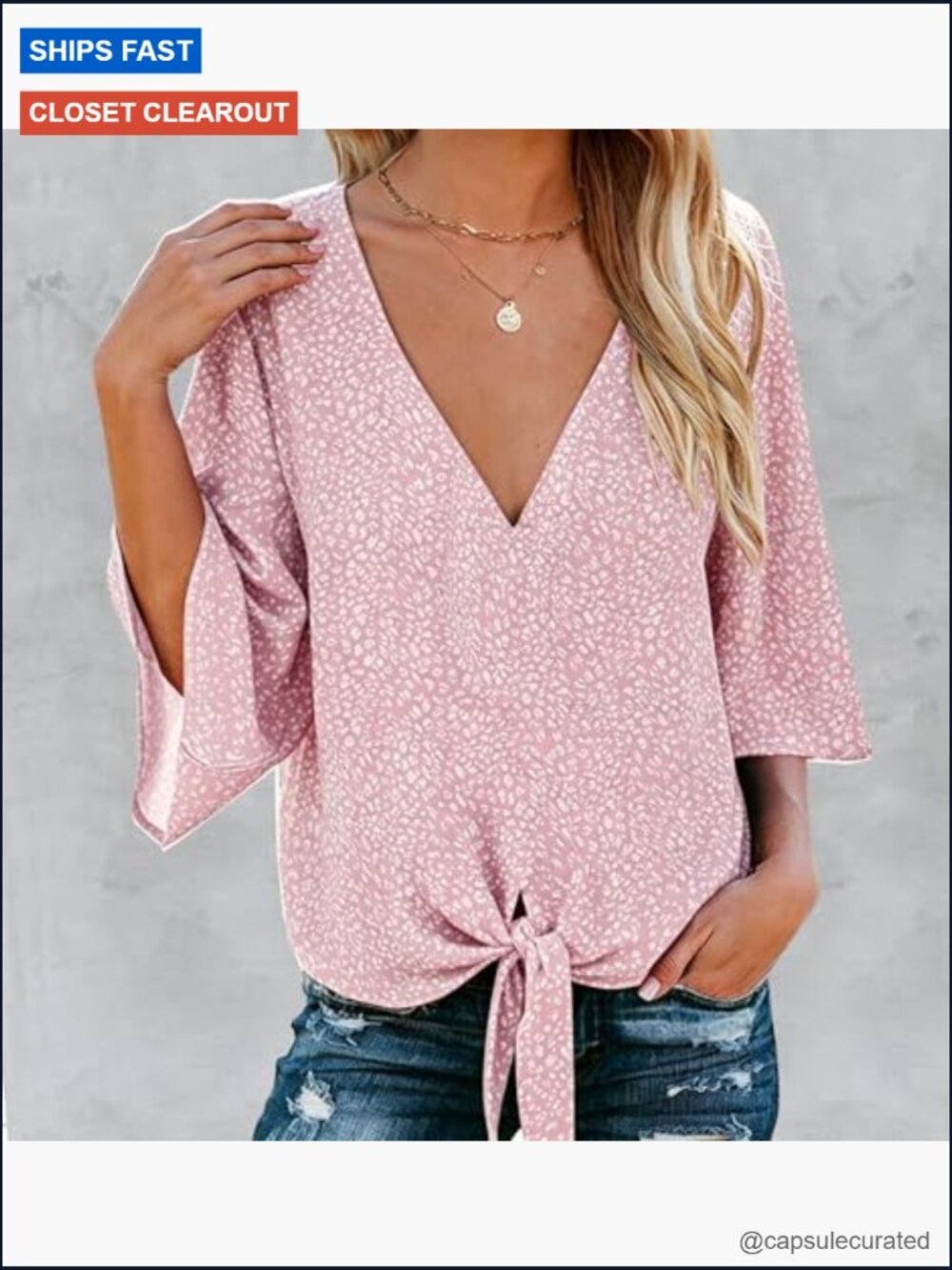 V Neck Tie Front Bell Sleeve Blouse Flowy Boho Summer Top - Picture 3 of 7